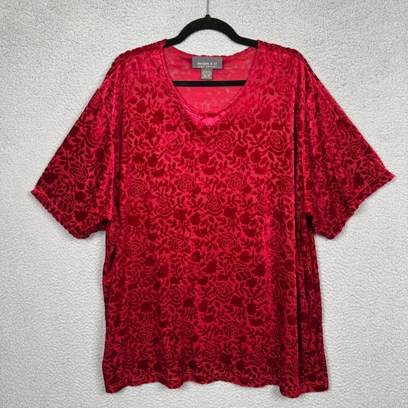 Lane Bryant Top Womens 26/28 Red Velvet Burnout Floral Office Career Mature Vamp - Picture 1 of 8